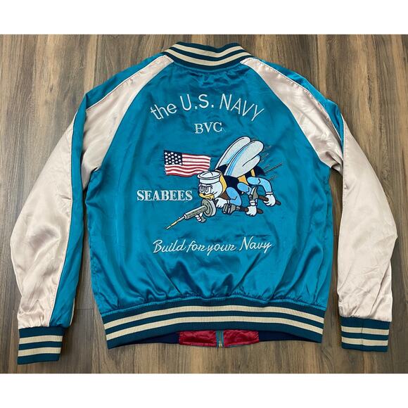 VTG Women Seabees US Navy Military satin stitched reversible bomber varsity coat